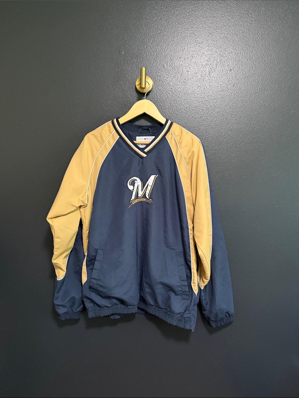 Vintage Milwaukee Brewers MLB Pullover Windbreaker Jacket Blue Gold Size Med